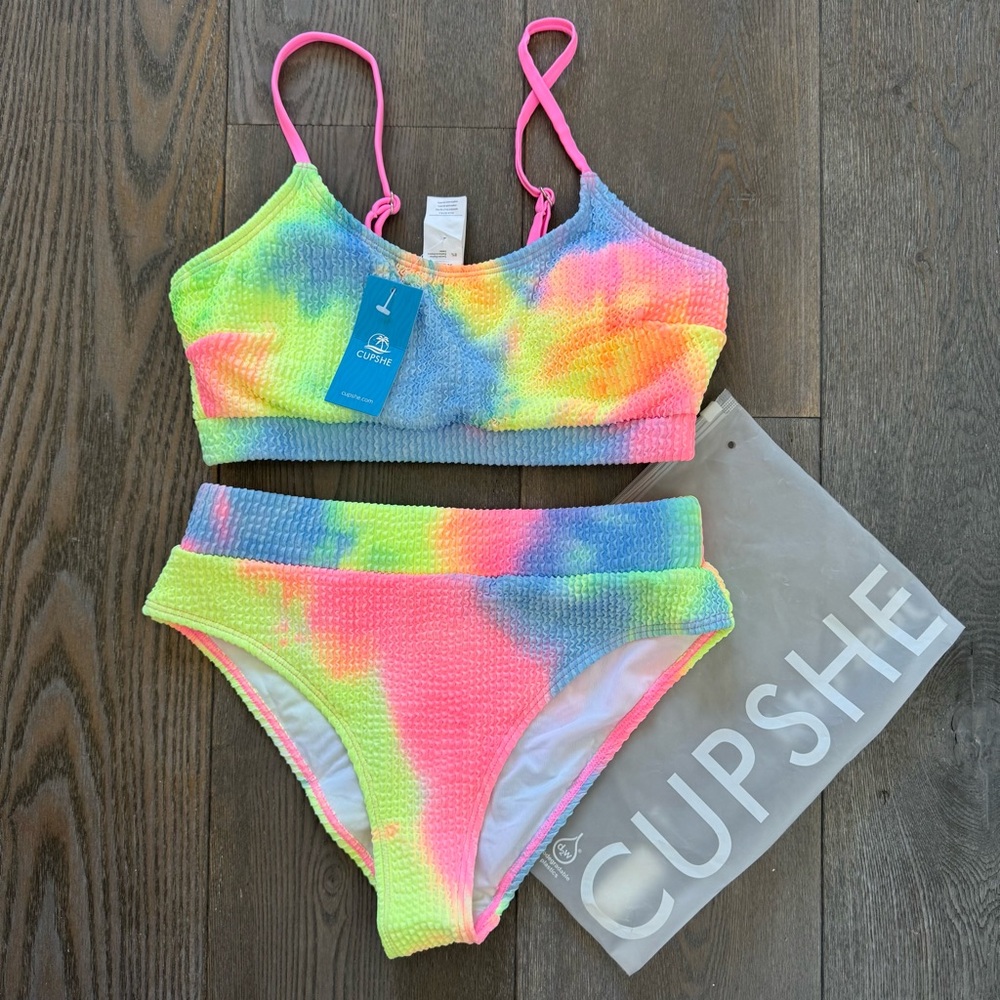 NWT Small Cupshe Sherbet Tie-dye Textured Scoop Neck Two Piece Bikini Swimsuit - Picture 11 of 14